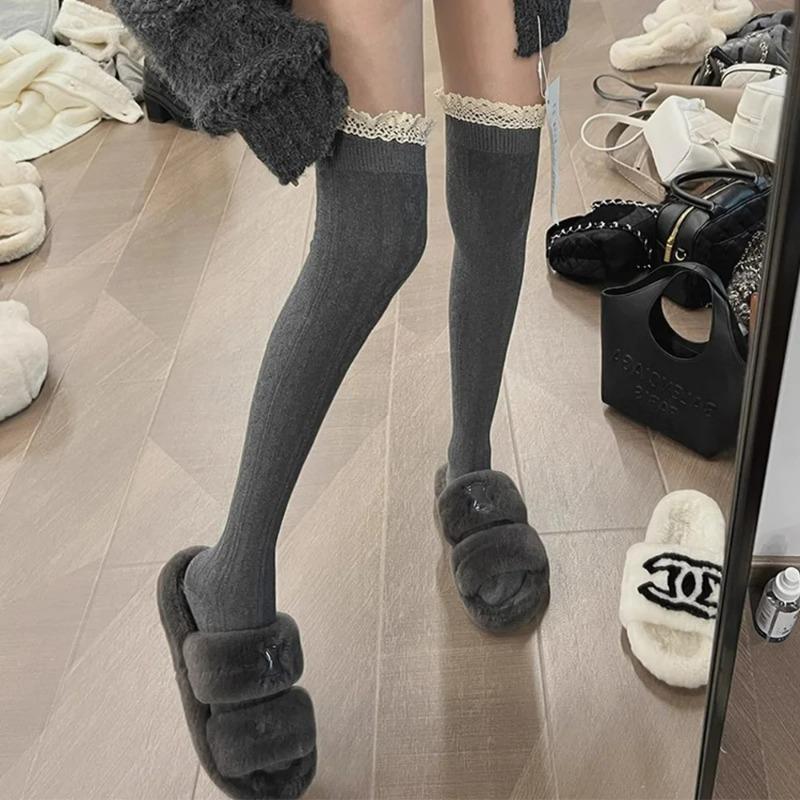 Lolita Lace Up Long Knee Socks for Women Over Knee Thigh High Stockings Spring Autumn Fashion Girls Warm Sexy Cotton JK Tights