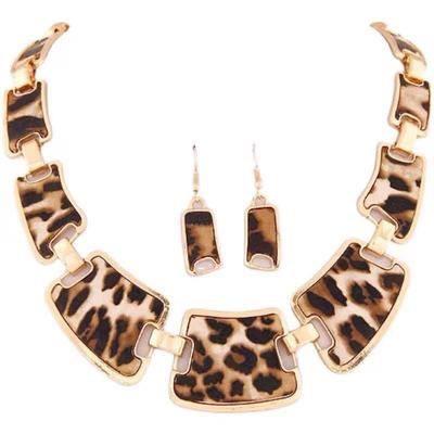 Evropský & Americký Módní Set Kovový Geometrický Náhrdelník & Náušnice s Leopardím Vzorem