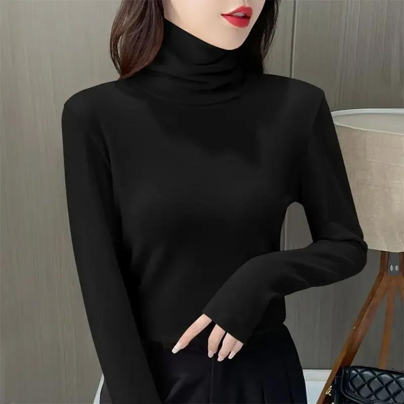 Women Thermal Underwear Winter Thicken Turtleneck Bottom Shirt De Velvet Warm Tops Semi High Collar Neck Long Sleeve Pullovers