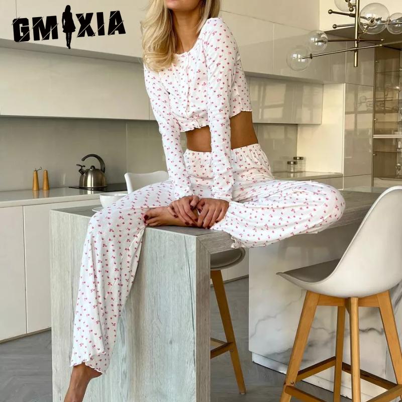 GMXIA Autumn/Winter Knitted Designer Cotton Printed Long Sleeve Trouser Set