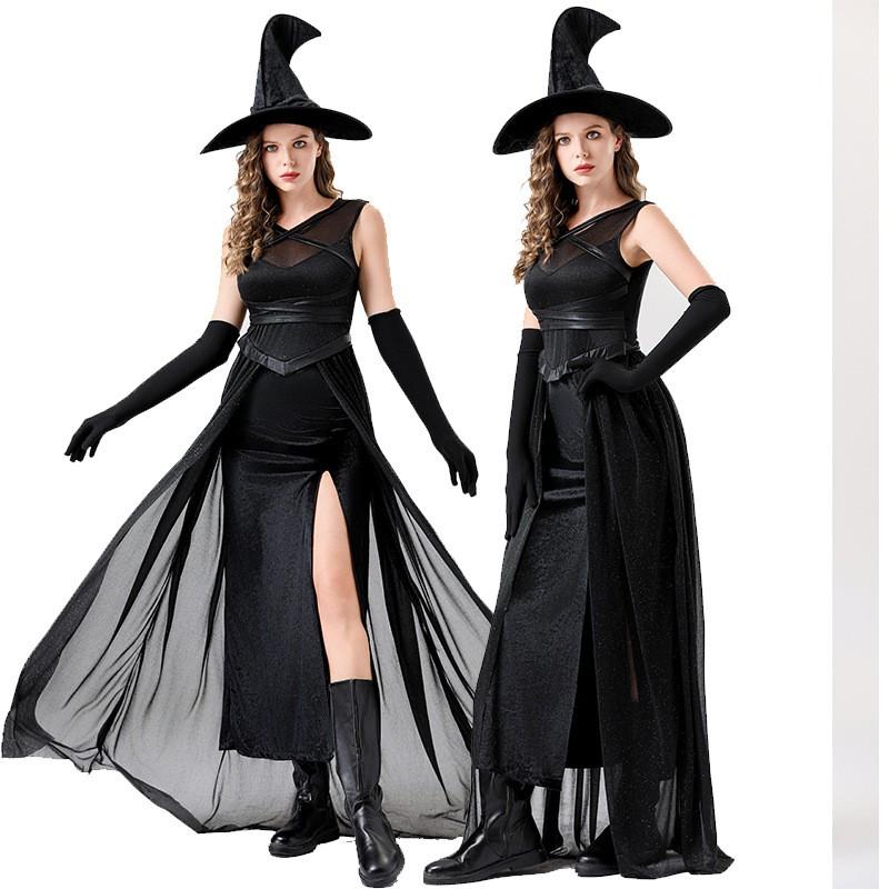 Womens Halloween Witch Costume Black Veil Gown Fantasy Cosplay Outfit Adult Party Stage Performance