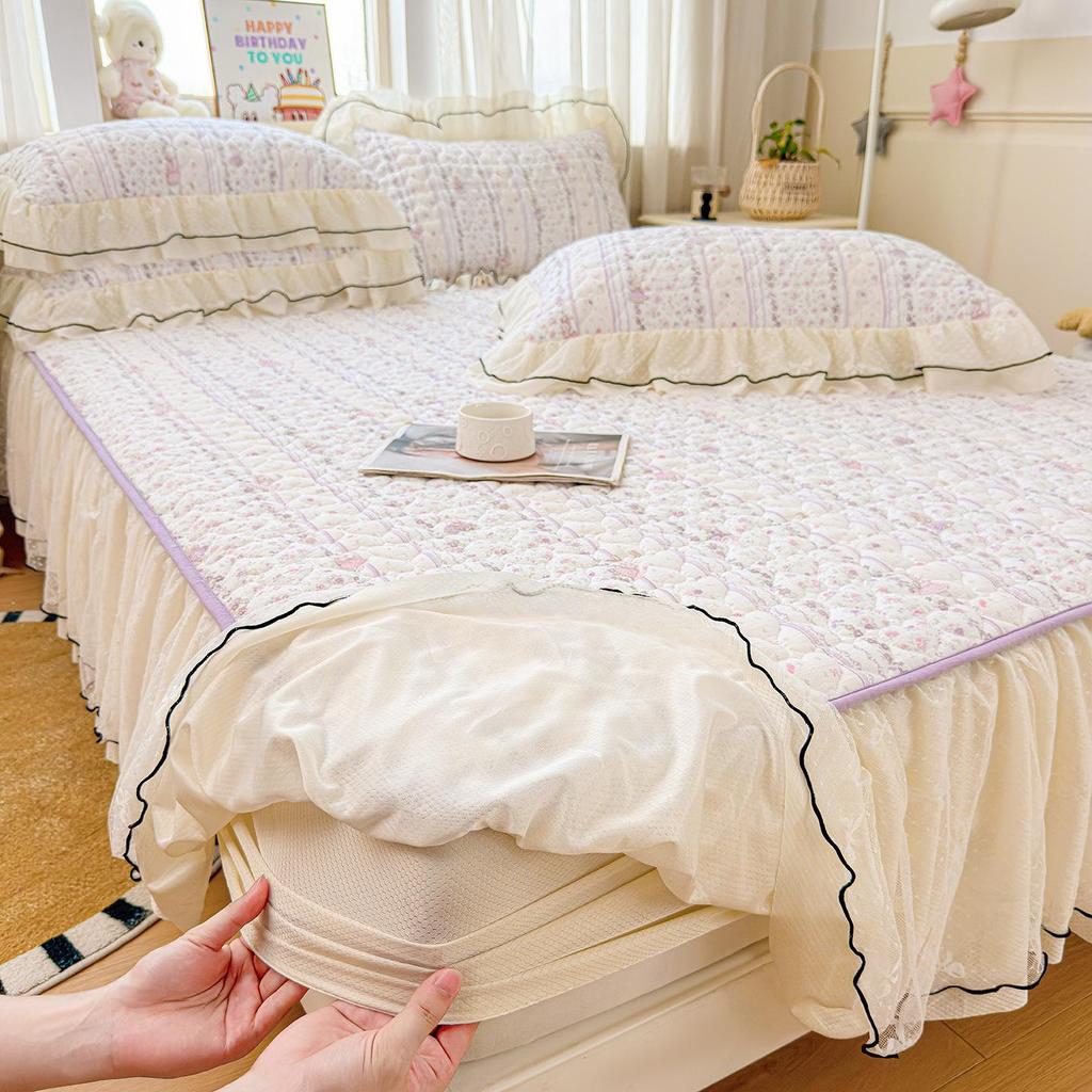 Korean Style Crinkled Gauze Quilted Bed Skirt with Fresh Lace Trim - Non-slip Home Bedding Set