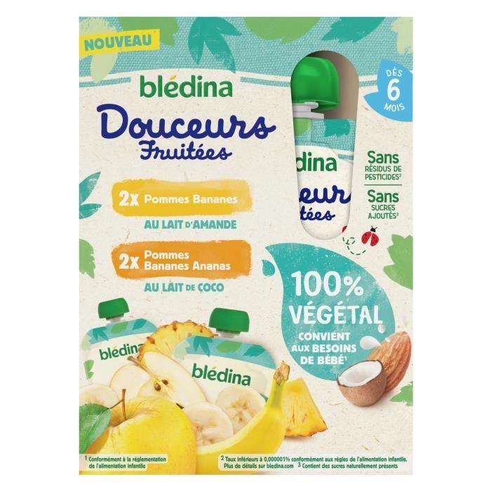 BLEDINA Gourdes Fruitées 100% végétal - 2 Pommes Bananes au lait d'amandes et 2 Pommes Bananes Ananas au lait de coco - 4x90 g