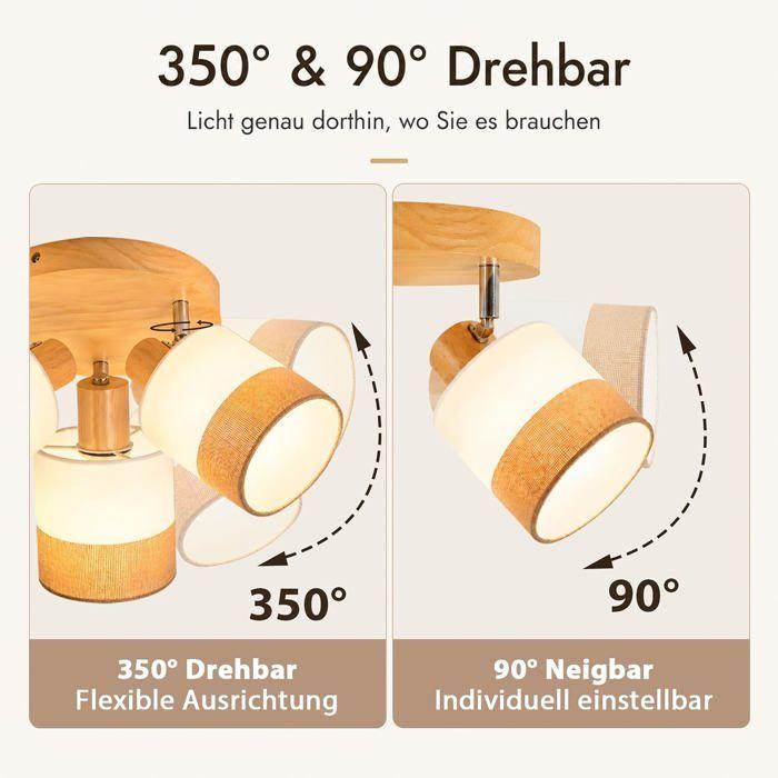 3-spot Ceiling Light - NETTLIFE - Wooden Base E14 350° Swiveling - Linen Fabric Lampshade - 3x25W - Vintage White Style