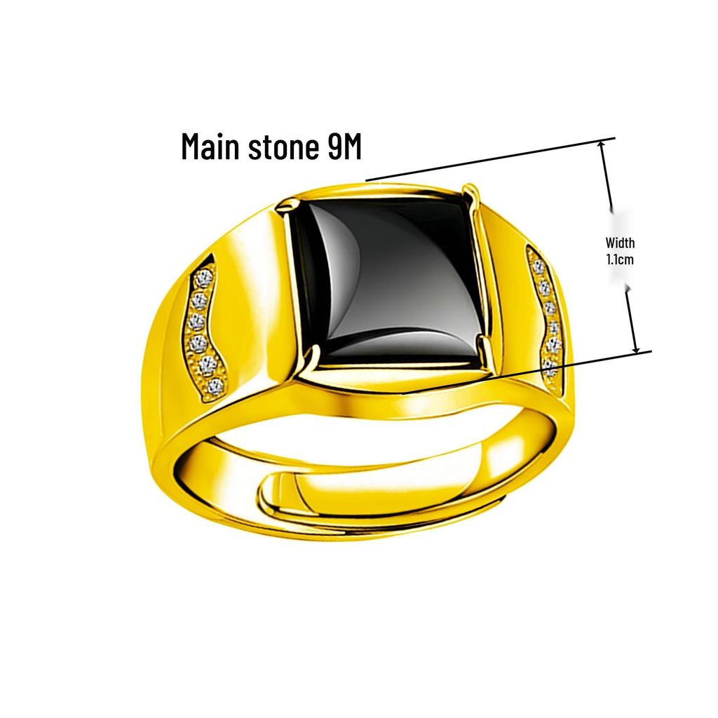 Men's Adjustable Black Agate Square Ring with Black Diamond - Korean Style and Smooth Finish