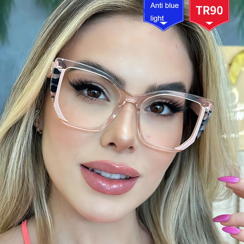 New Fashion Printing Anti-blue Presbyopic Glasses Elderly Spring Leg Oversized Eyeglasses Pink Leopard Polygon Square Glasses +1