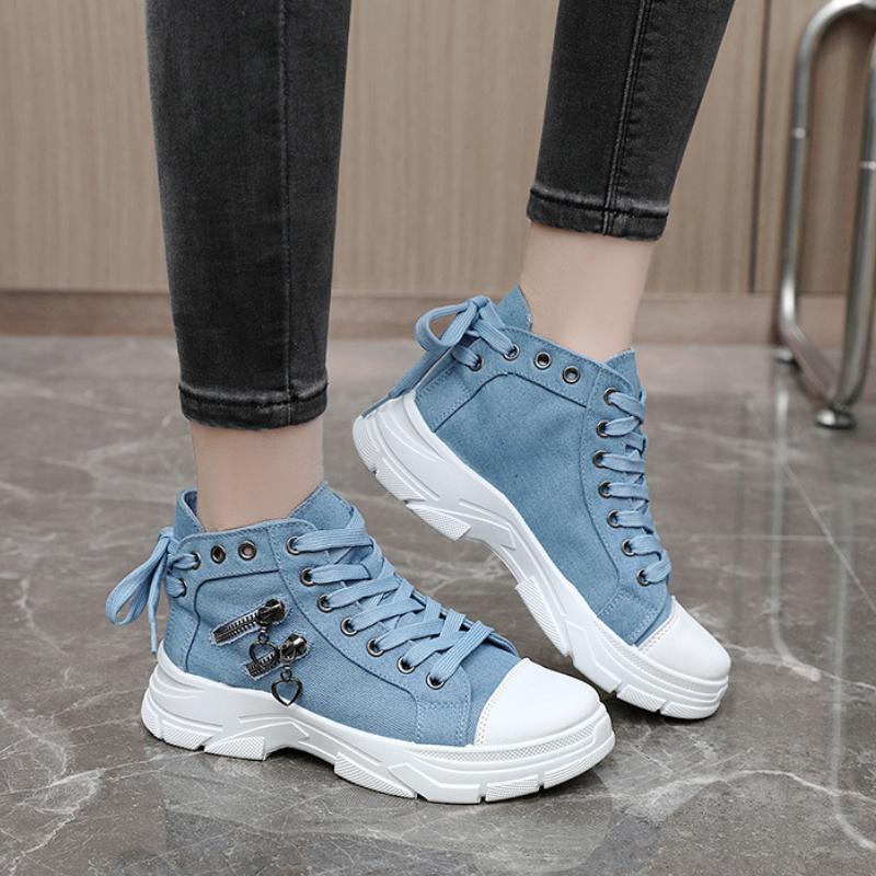 Fashion 2024 New Women's High Top Sneakers Luxury Denim Canvas Shoes for Women Fashion Platform Boots Outdoor Lace Up Women Sports Shoes