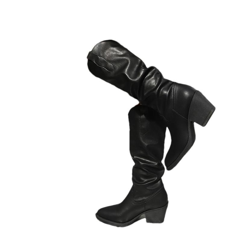 Iarnă Vârf Ascuțit Femei Cizme Înalte Piele Pliuri Toc Gros Mediu Retro Pantofi Tendință 2025 Designer Pantofi cu Toc Goth Botas De Mujer