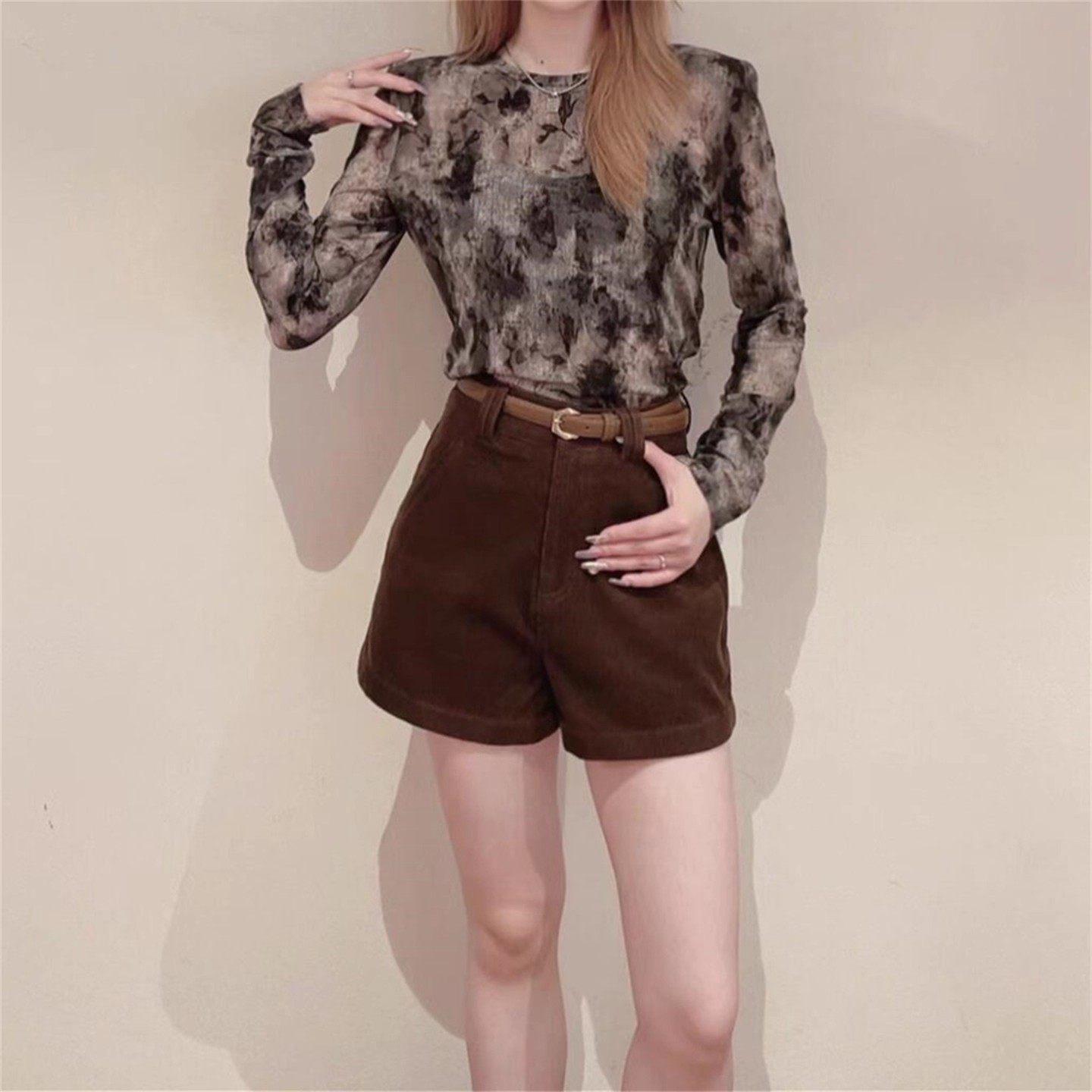 

Plus Size Women s Brown Corduroy High Waist Bootcut Shorts - Spring/Autumn L