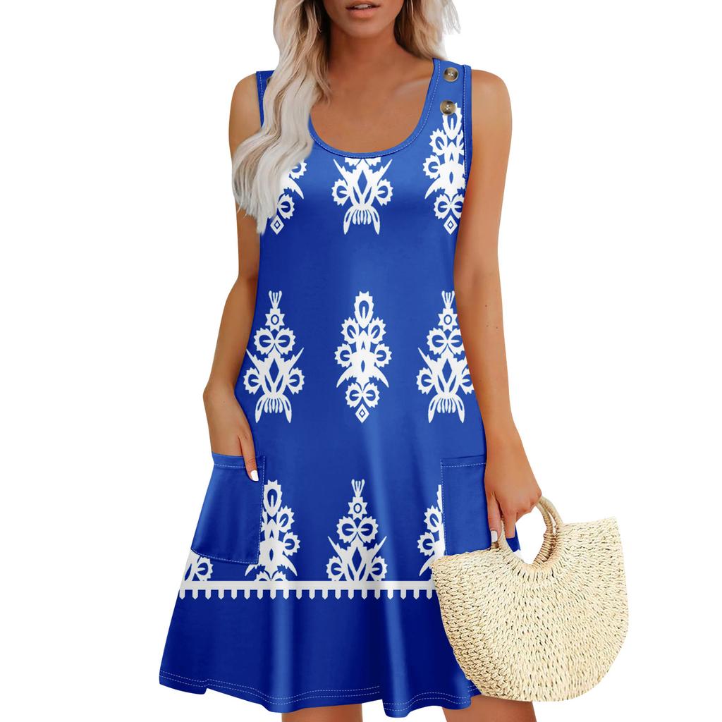 Summer Dresses For Women Beach Boho Sleeveless Printing Flowy Pocket Tshirt Tank Sundresses