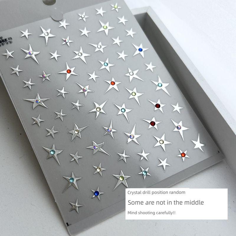 

[Sticker Comes with Bright Crystal] Silver Mirror Geometry Pentagram Four Eight-Pointed Stars Nail Art Sticker Y2g Sexy Colorful Crystal Diamond + Silver Meteor