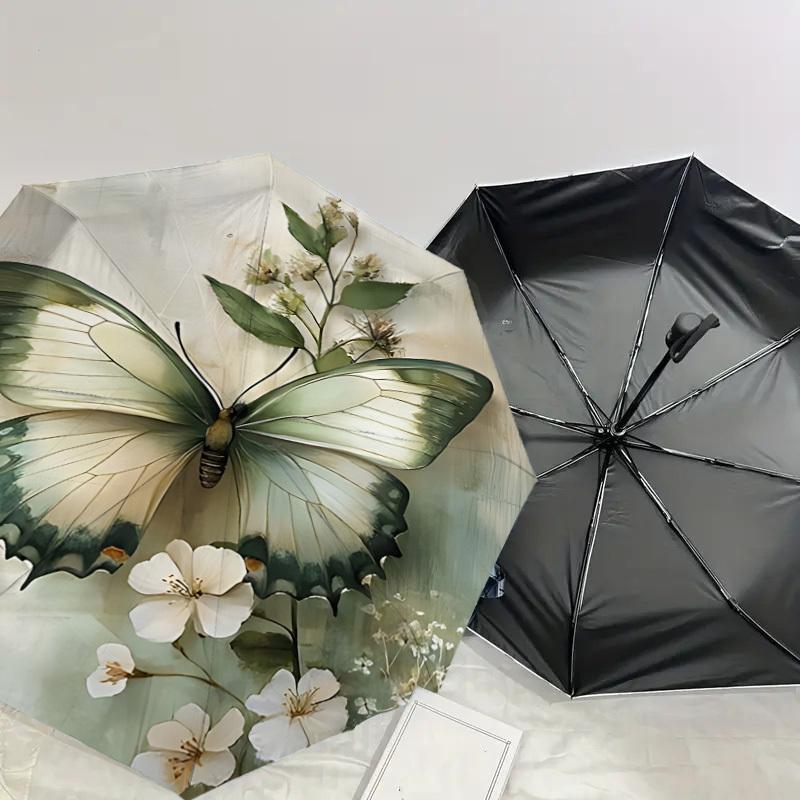 1PC Butterfly White Flowers Automatic Open/Close Umbrella with Windproof, 8-Rib Sturdy Canopy, Durable Ribs, Fashionable Design,1264