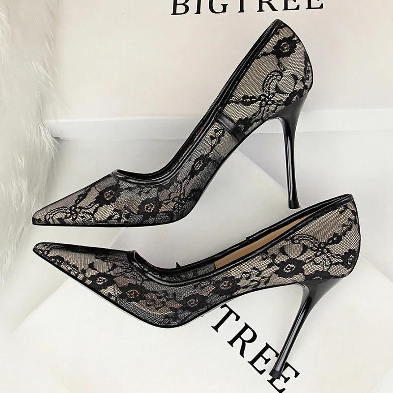 Shoes Mesh Hollow Lace Woman Pumps 2025 Spring Women Heels Sexy Party Shoes Thin Stiletto Heels Women Shoes 6 Colour