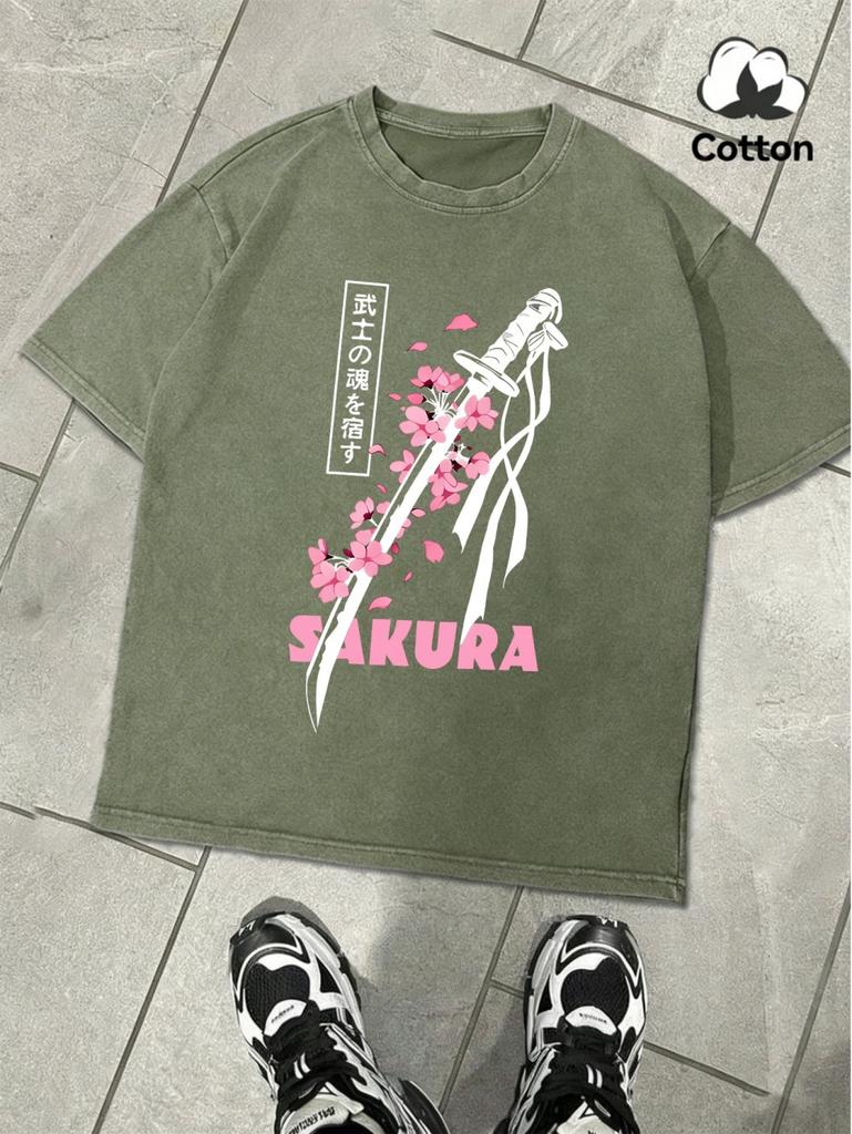 Japanese Katana Sakura Prints Washed TShirts Mens Oversized Cotton T Shirt Summer ONeck Short Sleeve Tops Casual Male Clothes