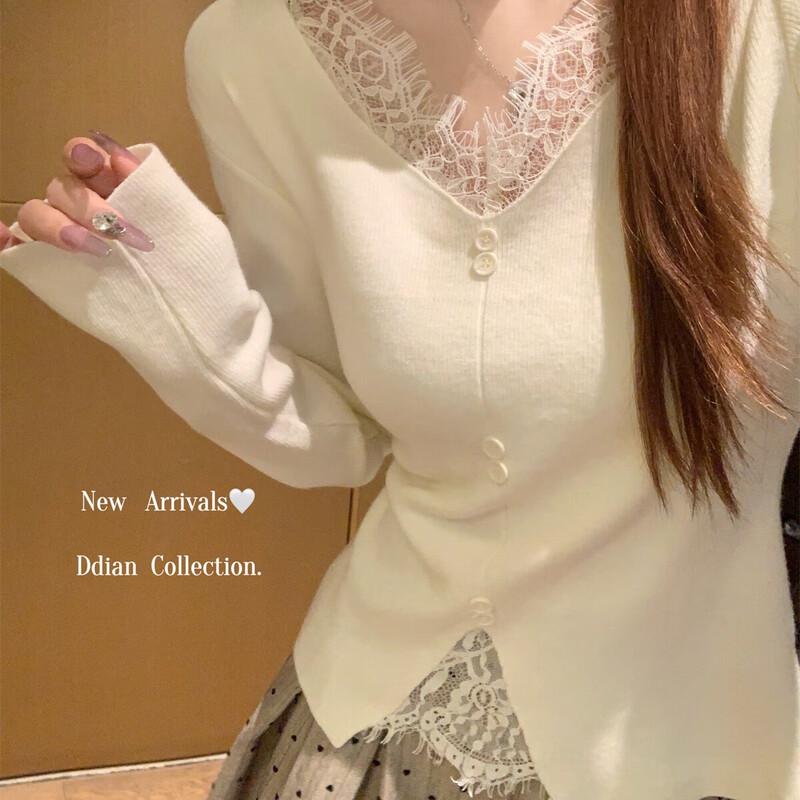 

YUZHAOLIN Women s V-Neck Lace Knit Long Sleeve Top One Size