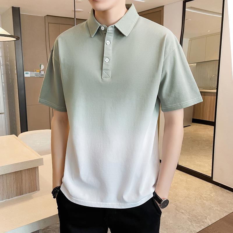 Men's Gradient Color Block Polo Shirt, Casual Short Sleeve Contrast Collar Top for Summer