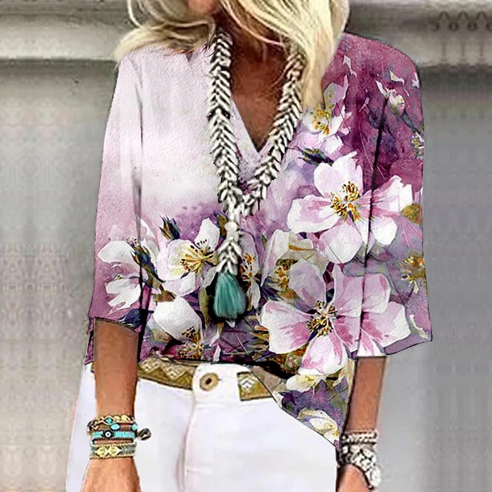 

Женская рубашка, блузка, повседневные свободные рубашки, рукава 3/4, топы с v-образным вырезом и принтом, топы с принтом, футболки, футболки XXXL фиолетовый