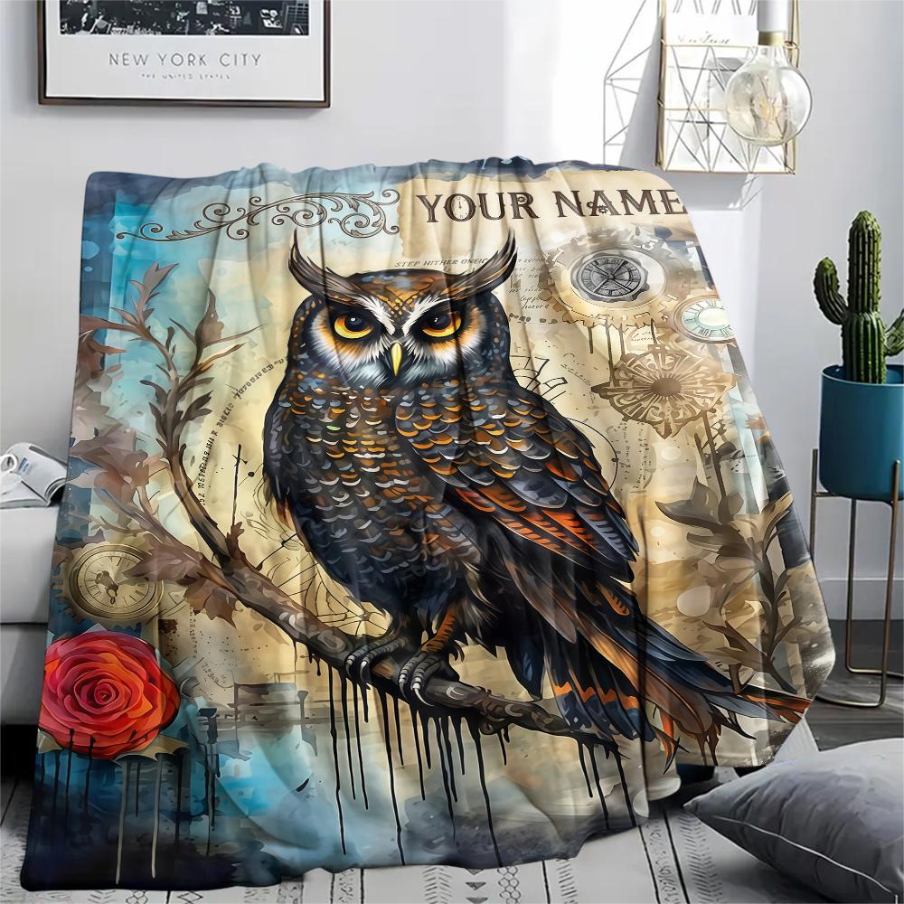 1PC Custom Name Autumn Owl Patterned Flannel Blanket Suitable For All Seasons for Home Decor Warmth and Comfort Gifts Holiday Present_lx