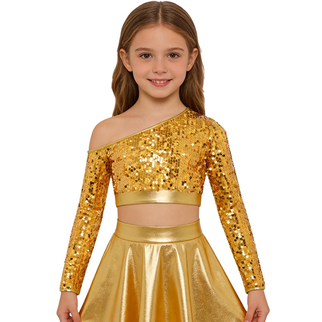 Girls Jazz Dance One Shoulder Long Sleeve Sequins Top Performance Competition Costume