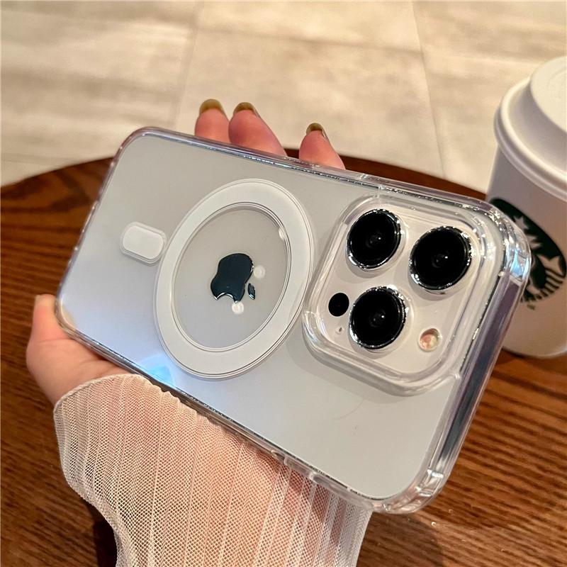 Průhledný magnetický kryt s bezdrátovým nabíjením MagSafe pro iPhone 15 14 Plus 13 12 11 Pro Max Mini s pevným zadním krytem