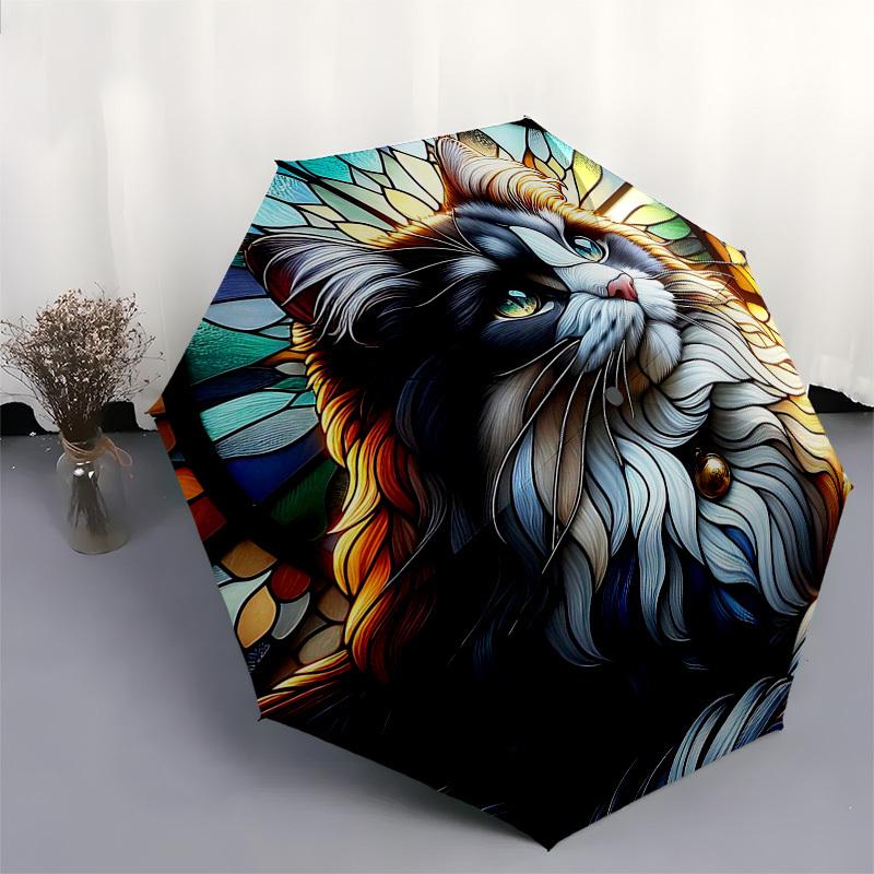 1pc Stained Glass Cat Design Automatic Opening Folding Umbrella - 8 Bone Iron Frame, Outdoor, Ideal Gift for Fans, Travelers, Daily Use.KK056
