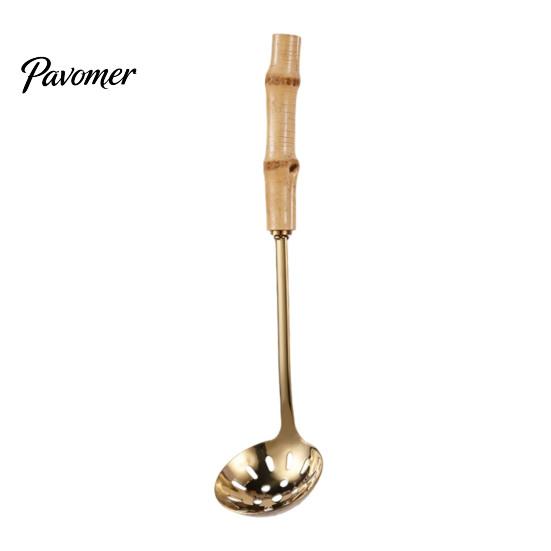 Heat Resistant Bamboo Handle Spoons Stainless Steel Hot Pot Spoon/Colander, Handles Comfortable Grip Soup Spoon, Easy Cleaning Mirror Polished Serving