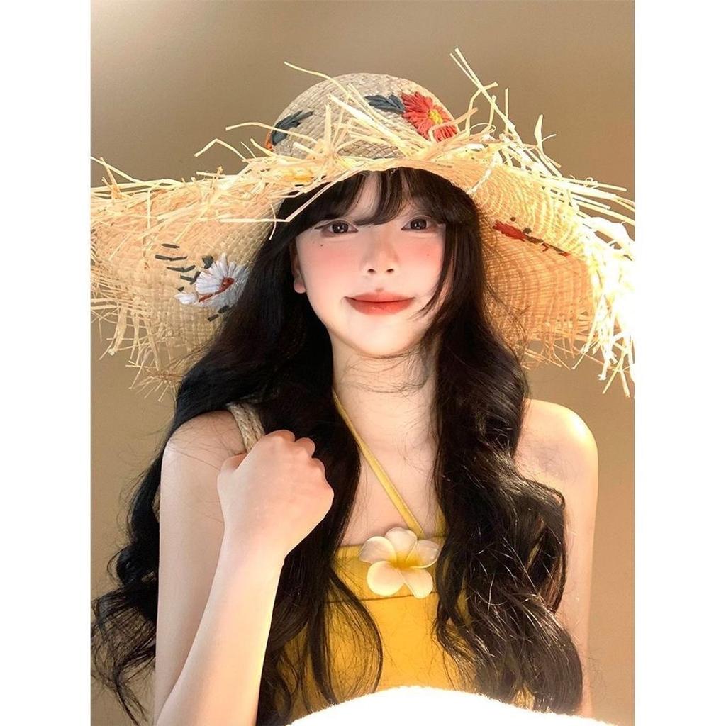 French raffia flower straw hat women's summer beach seaside woven large brim sun hat sunshade sun protection hat