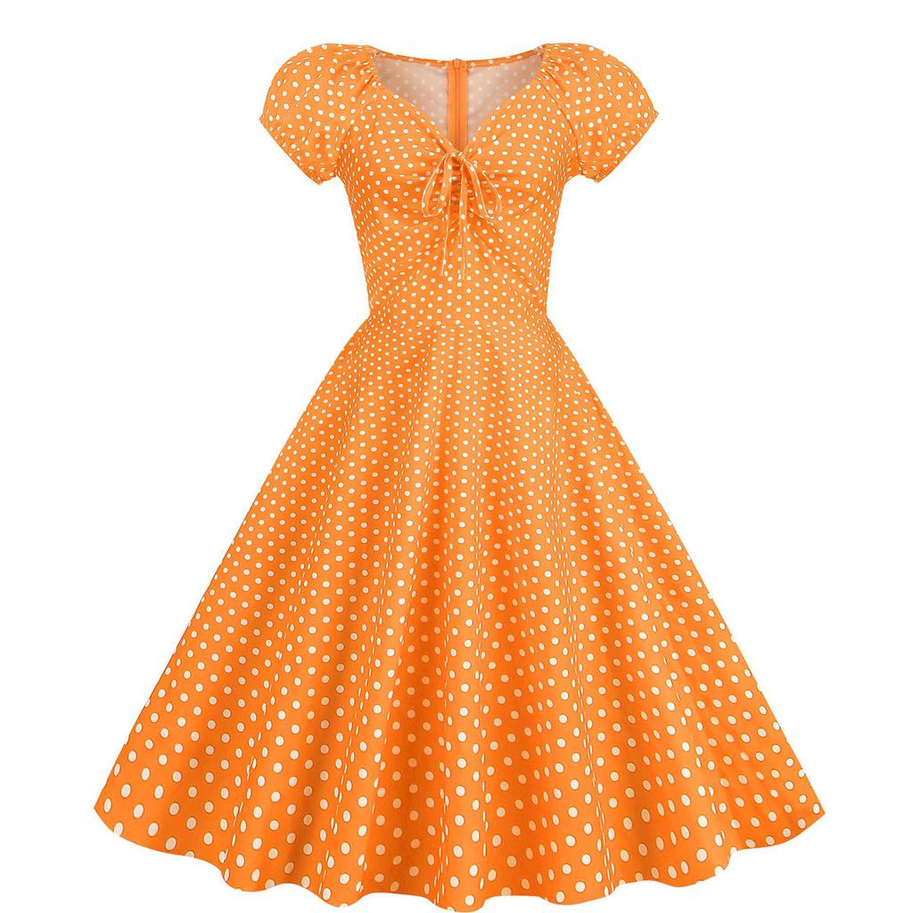 Damen Hepburn-Stil Retro Rock mit Puffkurzärmel Polka Dot Druck Großzügiger Rocksaum Kleid
