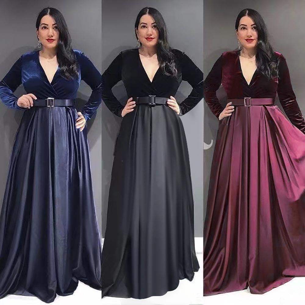 African Women's Deep V Velvet Long Sleeve Swing Dress with Belt - Autumn/Winter Fashion 2022
