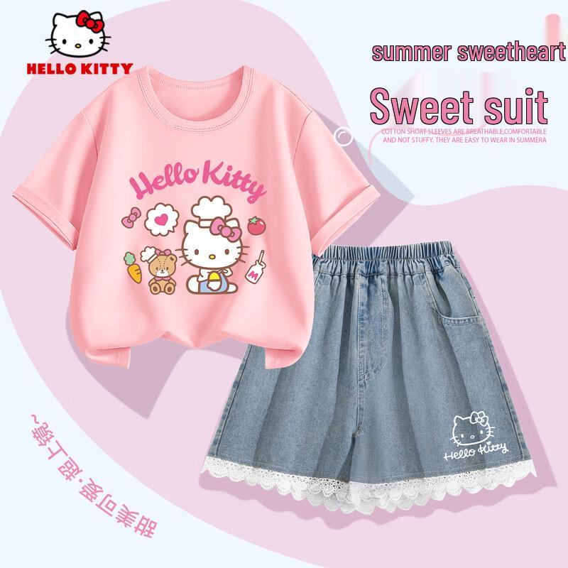 Летний комплект для девочек Hello Kitty: футболка и джинсовые шорты 140