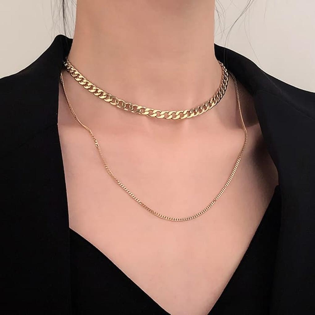 Surgical steel layered necklace, thin and thick, two-line daily