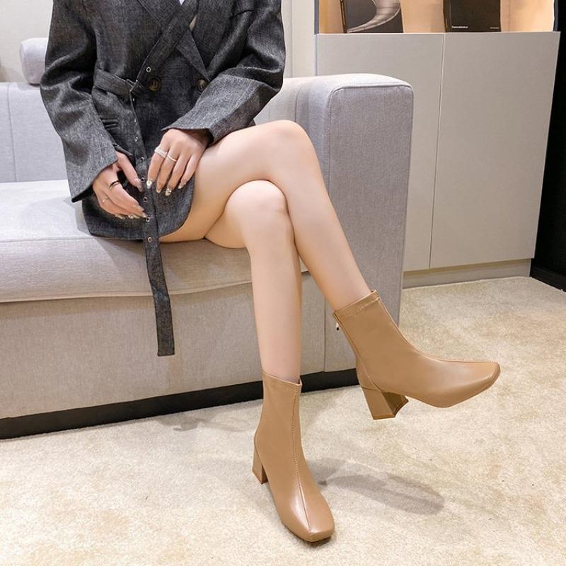 European and American Short Boots Women's 2024 Autumn New Design Sense Square Head Back Zipper Mid Heel Women's Boots Zapatillas