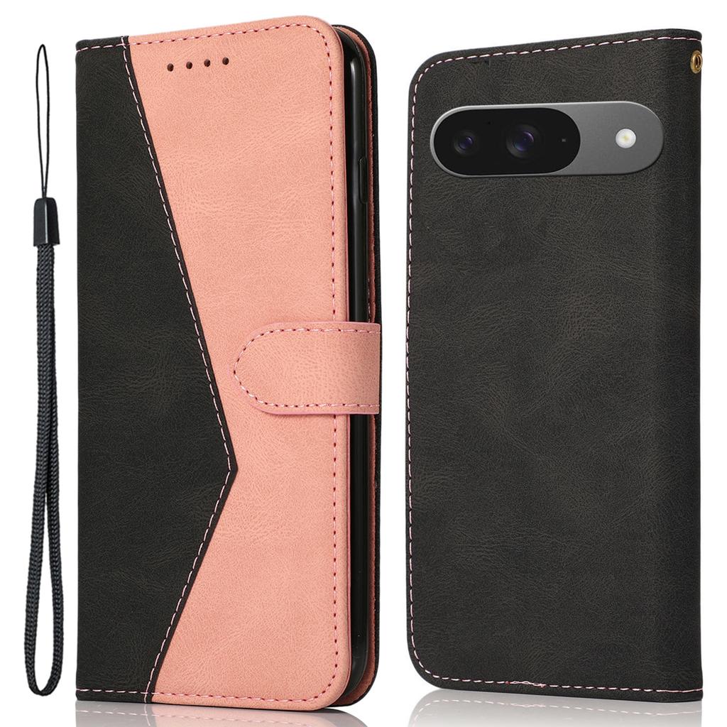 For Google Pixel 9/Pixel 9 Pro Cover Color Splicing Wallet Stand Leather Phone Case with Wrist Strap