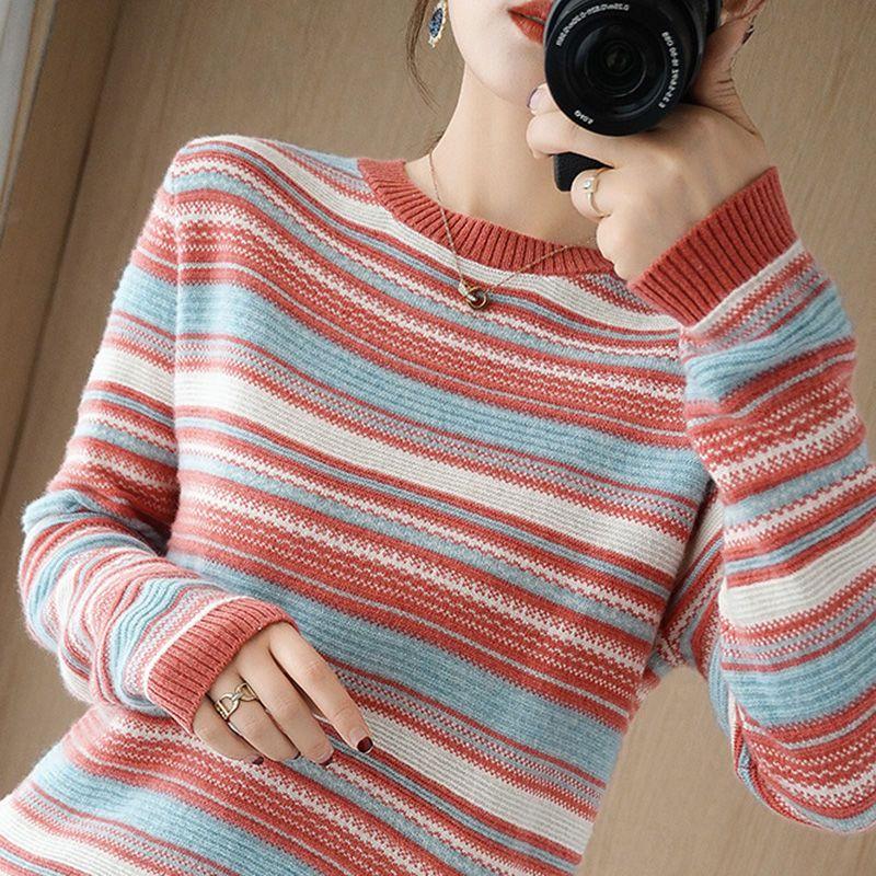 

Rainbow Sweater for Women s Autumn and Winter Loose Korean-style Pullover Top Large-sized Striped Knitted Sweater S красный