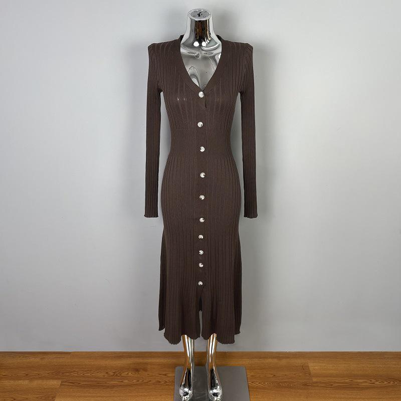 

Elegant Slim-Fit Long-Sleeve Korean Knit Dress for Women One Size коричневий