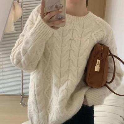 Pull rose torsadé pour femmes Automne Hiver Version coréenne Doux Paresseux Ample Tricot épais Haut