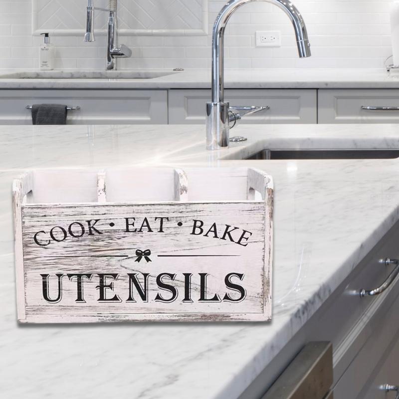 Dřevěný držák na náčiní s více přihrádkami 3 sekce Úložný box na kuchařské příslušenství Nástroj pro organizaci kuchyňské linky