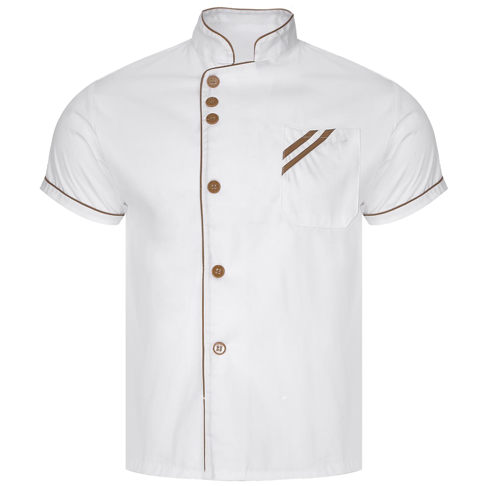 Giacca da cuoco unisex, manica corta, collo alto, chiusura con bottoni e finiture a contrasto, uniforme da cucina per personale di ristoranti, hotel e panetterie. L bianco