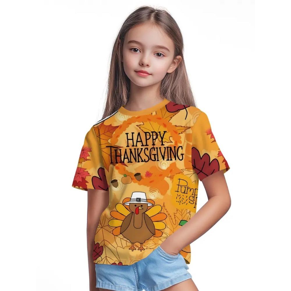 Girls' Clothing Thanksgiving Turkey 3D Printed Short Sleeved T-shirt Casual Holiday Cartoon Boy T-shirt Summer Children's Top