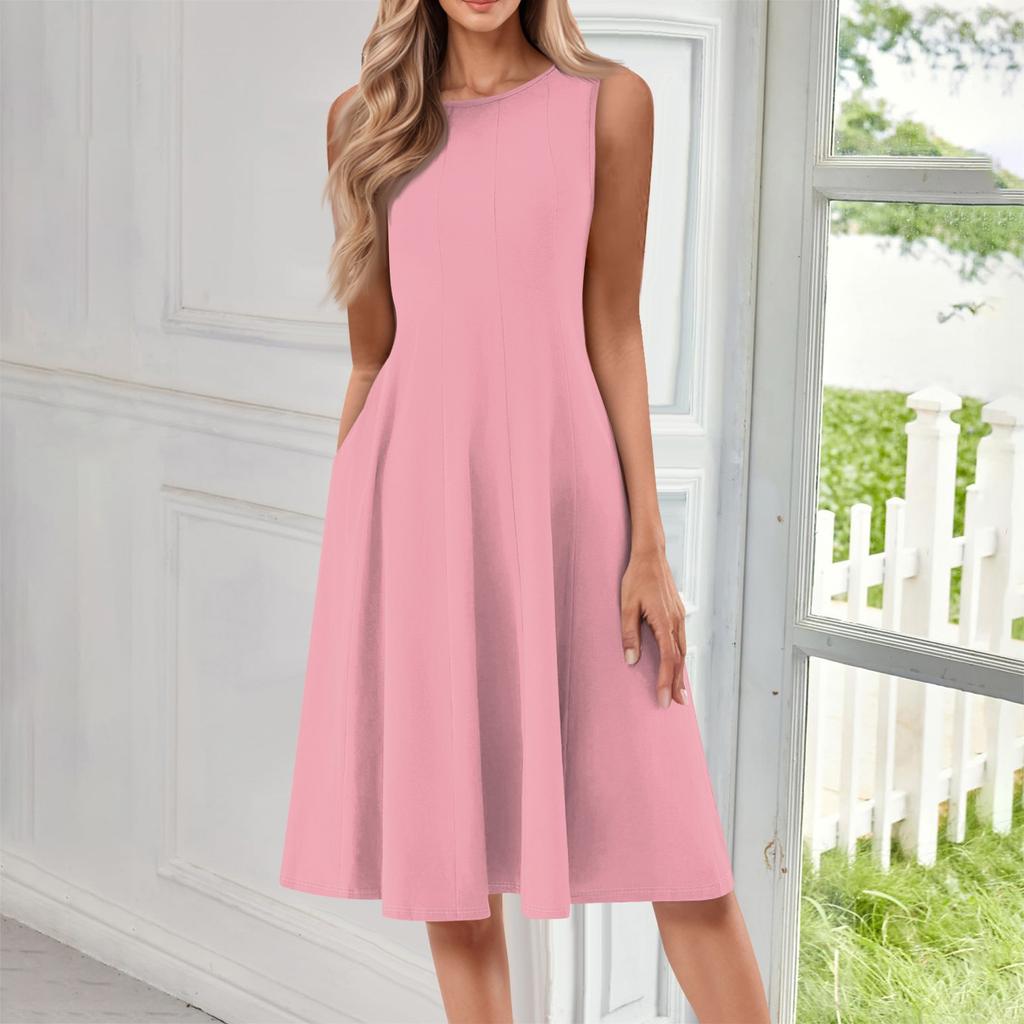 Women's Fashionable Round Neck Sleeveless Solid Color Casual Pullover Mid Length Dress