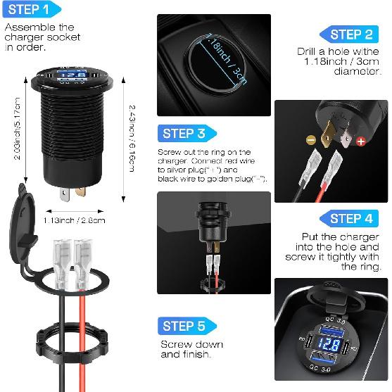 2Pcs 12V/24V Outlet With Voltmeter, Quick Charge 3.0 Dual USB Power Outlet, Waterproof Fast Charge USB Charger Socket DIY Kit For Car Boat Marine (2