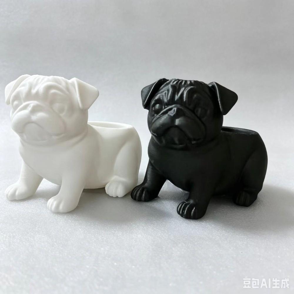 3D Printed Animal Shaped Pot Plastic Pug Figurine Plant Holder Desktop Display