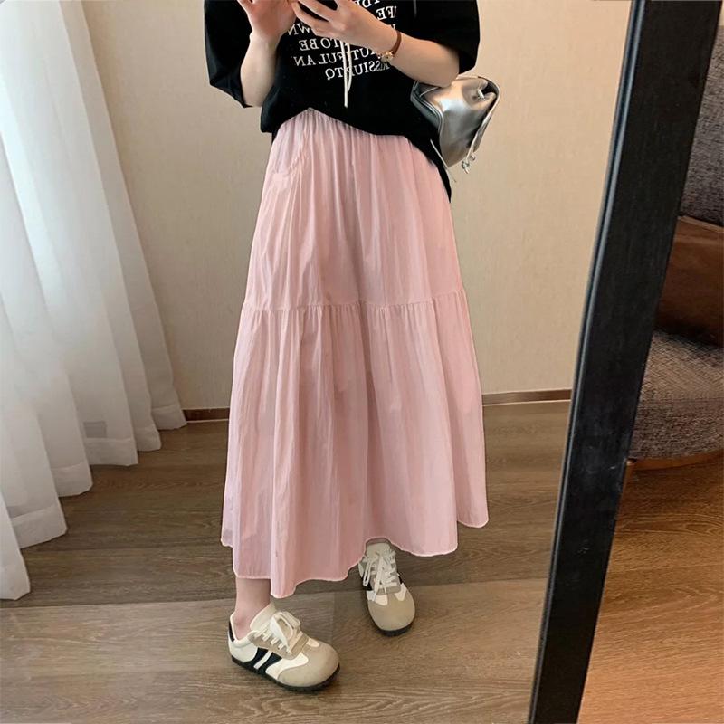 Women's High Waist White Midi Skirt: Slimming A-Line with Pockets for Spring-Summer.