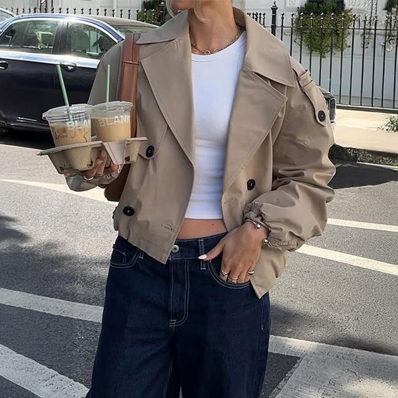

Solid Color Casual Resort Button Lapel Drop Sleeve Jacket Women s S хакі