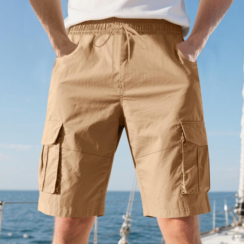 Summer Loose Men's Safari Style Shorts Multi Pockets Casual Loose Fit Straight Elastic Waist Beach Shorts