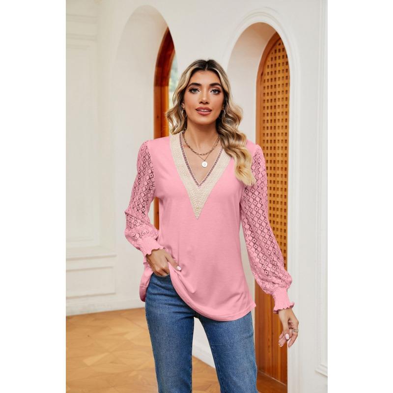 YYFS Women's Fashion Casual Spring Fall Solid Color Print Long Sleeve V-Neck Blouses & Shirts