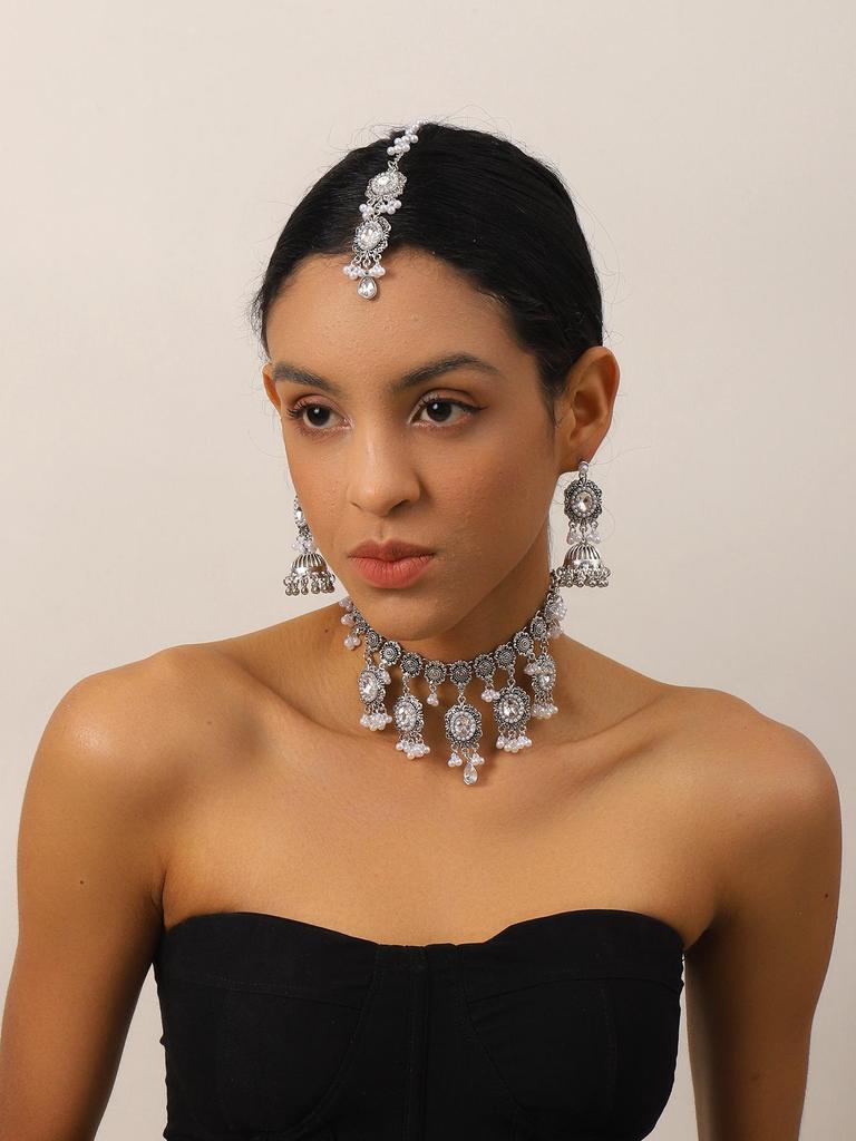 Indian Style Rhinestone Gemstone Three-Piece Set: Oval Necklace, Earrings & Headwear