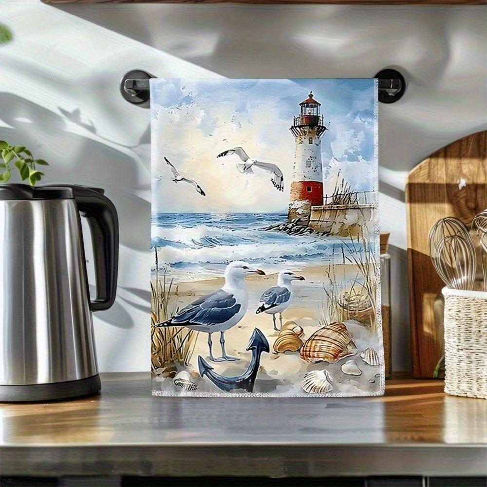 2PCS Lighthouse Seagull Coastal Kitchen Towels Microfiber Quick Dry Absorbent Dish Towel Washable Camping Cooking Bathroom Decor