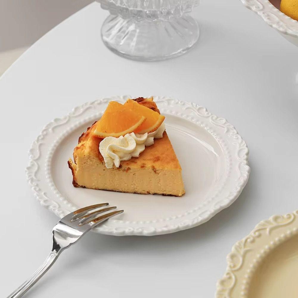 Embossed Design Ceramic Dessert Plate Round Shape Western Dining Tableware Household Use