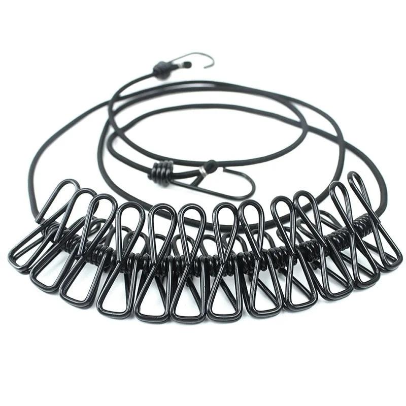 

Ветрозащитная портативная уличная бельевая веревка, легко брать с собой, ветрозащитная нескользящая бельевая веревка с 12 прищепками, сушилка для белья чёрный